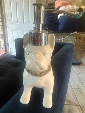 White Ceramic Bulldog Soap Dispenser with Gold Collar